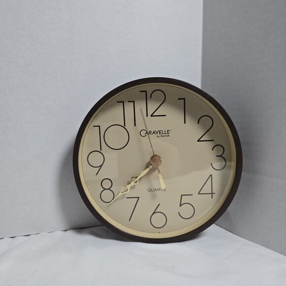 Caravelle by Bulova Wall Clock 1970s Vintage Beige & Brown Gold 7" Retro Prop - Picture 1 of 5